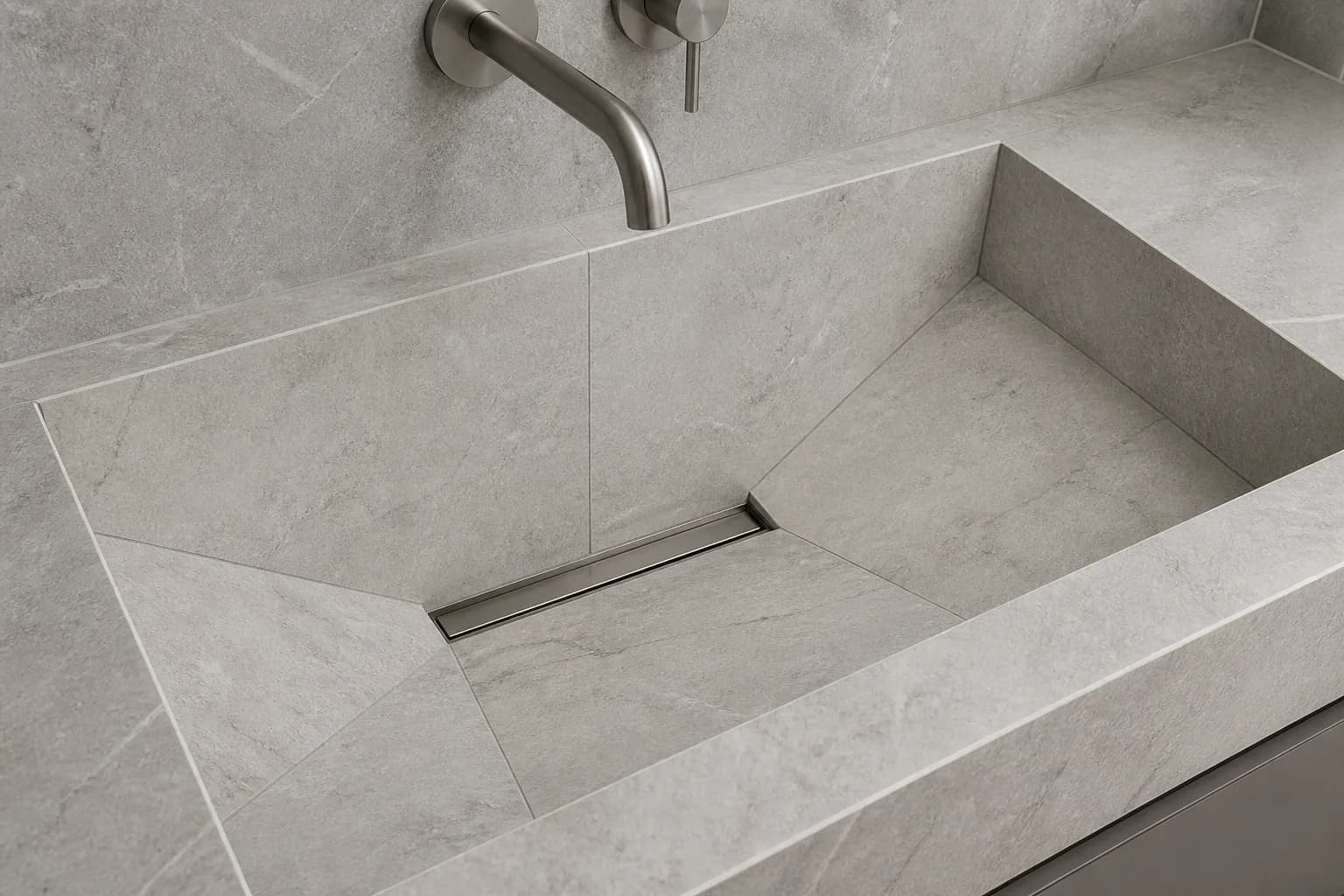 Plytelių kriauklės vidaus nuolydžio ir linijinio vandens išleidimo detalė