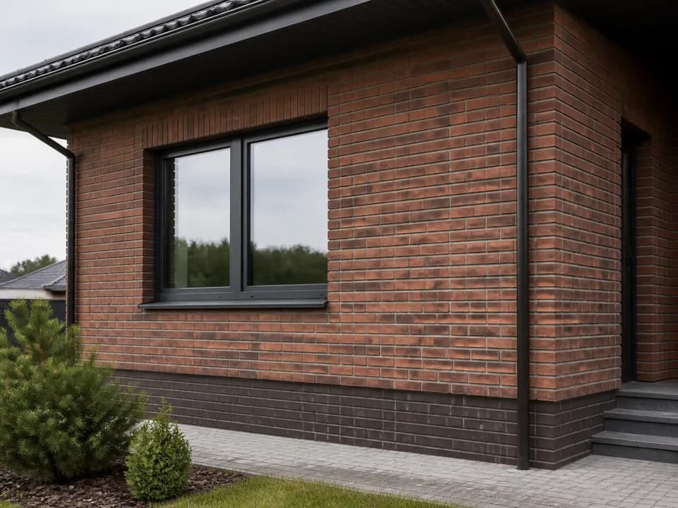 Tvarkingai klinkerio plytelėmis apdailintas gyvenamojo namo fasadas